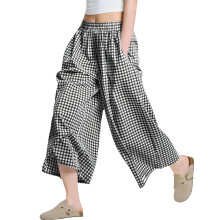 Elegant Gingham Design Wide Leg Capris Pants Elastic-Black L