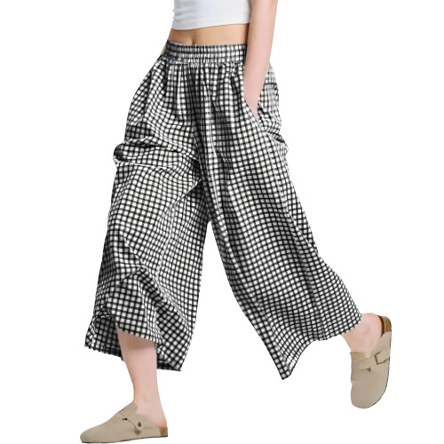 Elegant Gingham Design Wide Leg Capris Pants Elastic-Black L