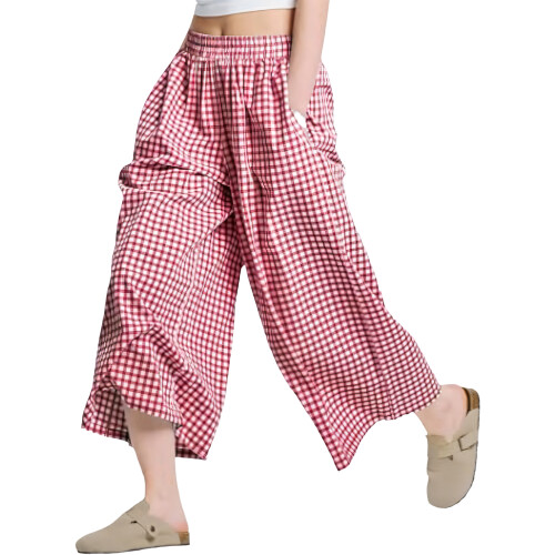 Oversized Checkered Capris Pants Loose Fit Lightweight-Red XL