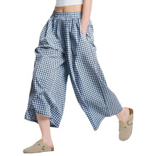 Women's Wide Leg Swing Plaids Capris Pants Loose Fit-Blue XL