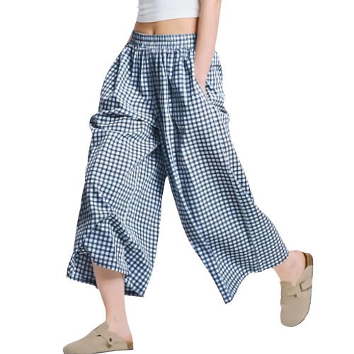 Plaids Pattern Wide Leg Capris Pants Elastic Waist With-Blue L
