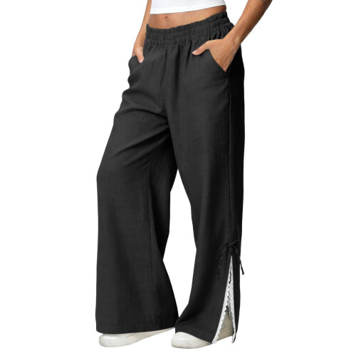 Womens Pants Elastic Wide LegPants with Pockets Ruffle-Black M