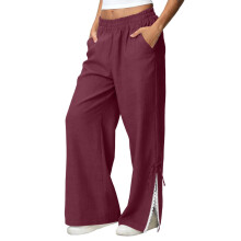 Womens Pants Elastic Wide LegPants with Pockets-deepred L