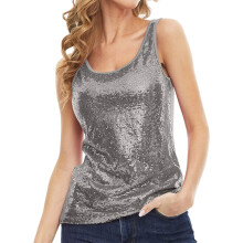 Sequins Tank Tops for Women Loose Fit Sleeveless-Silver XL