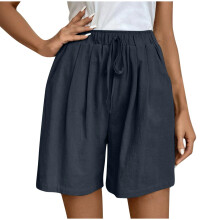 Beach Shorts for Women Elastic High Waist  Cotton-Navy blue M