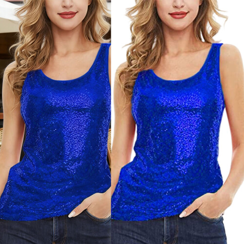Sequins Tank Tops Crewneck Sleeveless-Silver on black back M 2