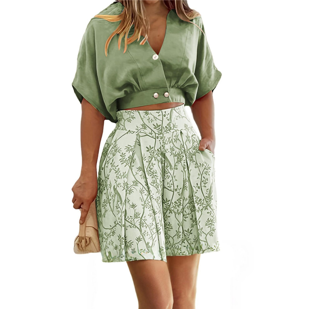2 Piece Sets for Women V Neck Crop Wide Leg Printed-Green XL