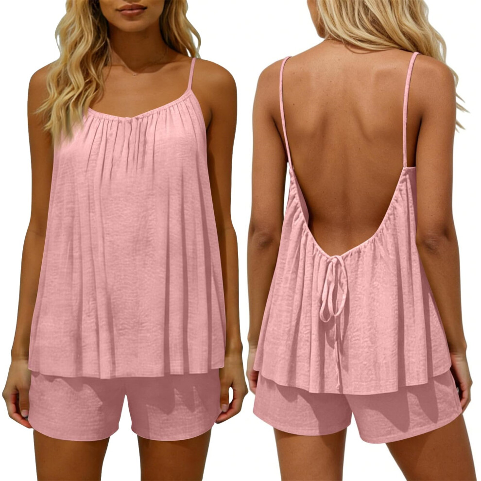 Pink Two Piece Sets For Women Going Out Outfits Backless- Xxl