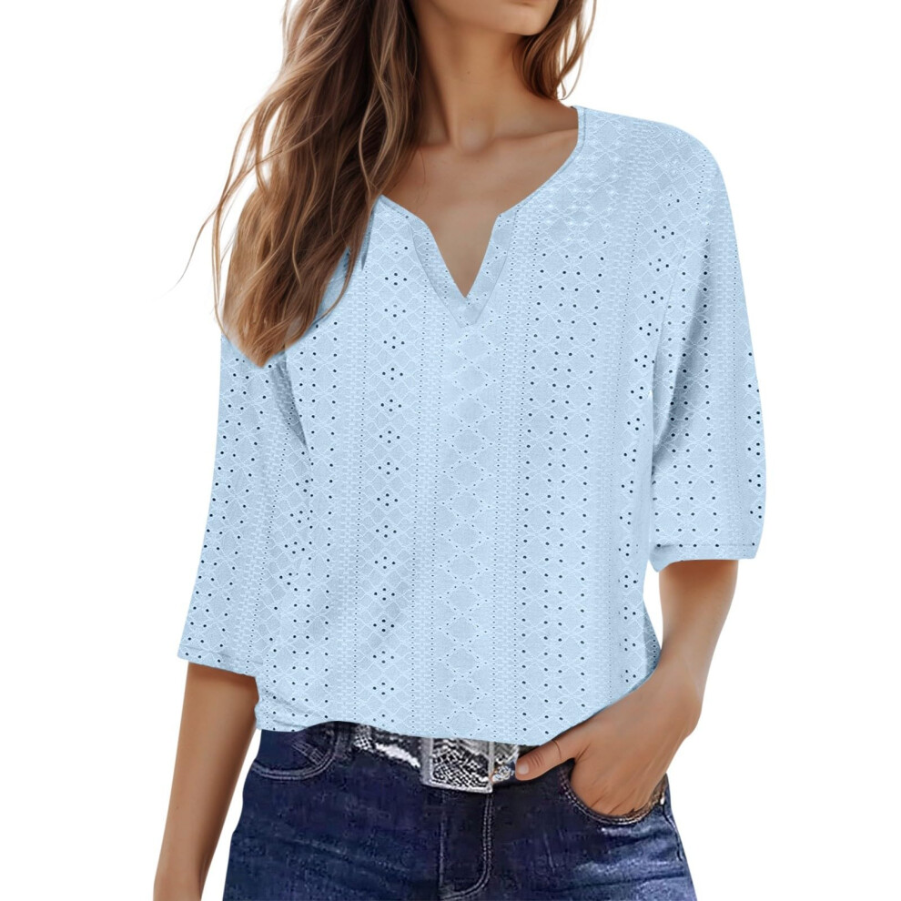 Sky Blue Women's Top: Stylish Three-Quarter Sleeve V-Neck- Xl