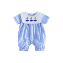 (3-6 Months, Blue) Baby Girl Plaid Romper Strawberry/Sailboat Embroidery Crew Neck Short Sleeve Infant Boy Bodysuits Jumpsuits