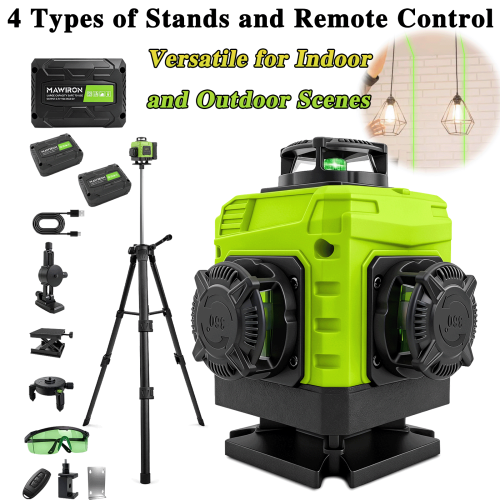 16-Line 4D Green Laser Level, Dual Battery Tripod Set, Digital Display