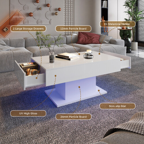 White Led Coffee Table with 2 Storage Drawers 2