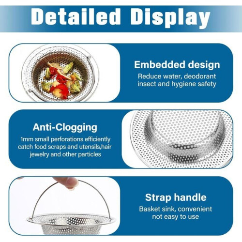 2PCS Stainless Steel Kitchen Sink Strainer  Outer Diameter 11cm x Height 2cm  AntiClog, Rust Resistant 2