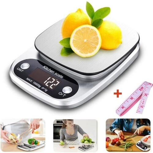 YOUNGKEE 10kg/1g Digital Kitchen Scale Stainless Steel with Backlit LCD Display and Tare Function