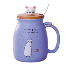 Ceramic Mug - HOMYL - Cat Coffee Mug - Purple - Wooden Lid - Spoon Included