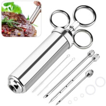 Marinade Injector Syringe, 60ml Stainless Steel Sauce Baster Food Injector Kitchen Utensil, with 3 Needles for Marinating