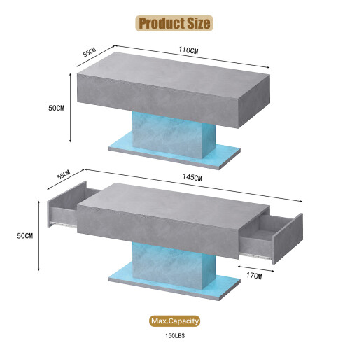 Grey Led Coffee Table with 2 Storage Drawers 1