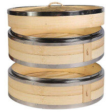 2 Tier Kitchen Bamboo Steamer with Double Stainless Steel Banding for Asian Cooking Buns Dumplings V