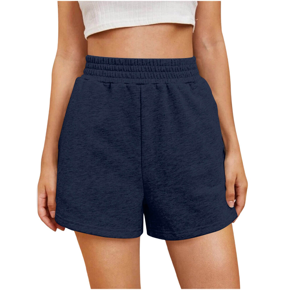 Blue WomenâS High Waist Sweat Shorts With Drawstring &- S