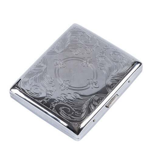 Silver Metal Cigarette Case - Double-Sided Floral Design Holds 20 Regular Size Cigarettes