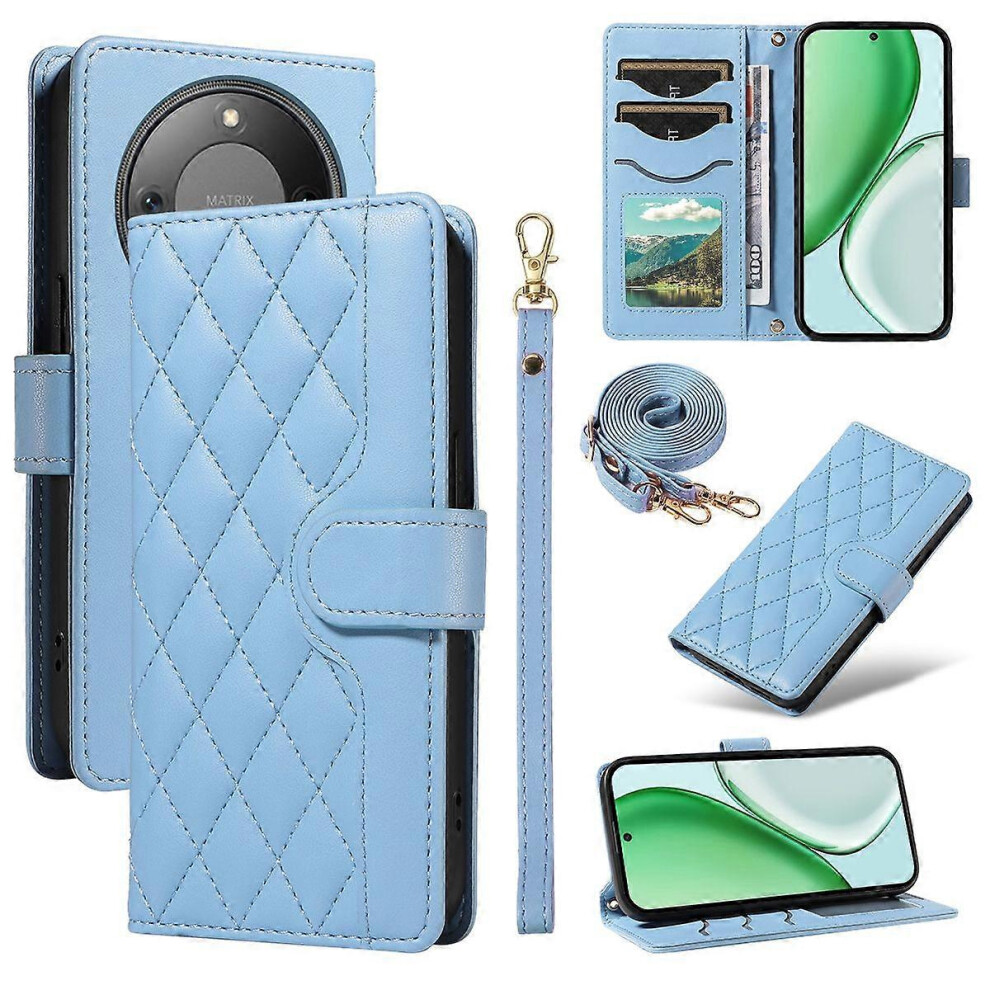 (Blue) Honor Magic8 Lite 5G Rhombus Leather Wallet Case With Strap Blue 5996097202517