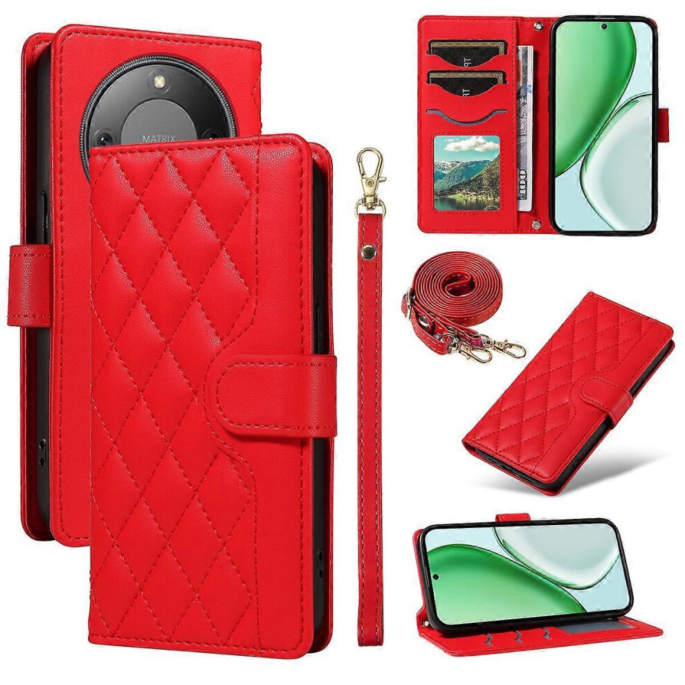 (Red) Honor Magic8 Lite 5G Rhombus Leather Wallet Case With Strap Red 5996097202548