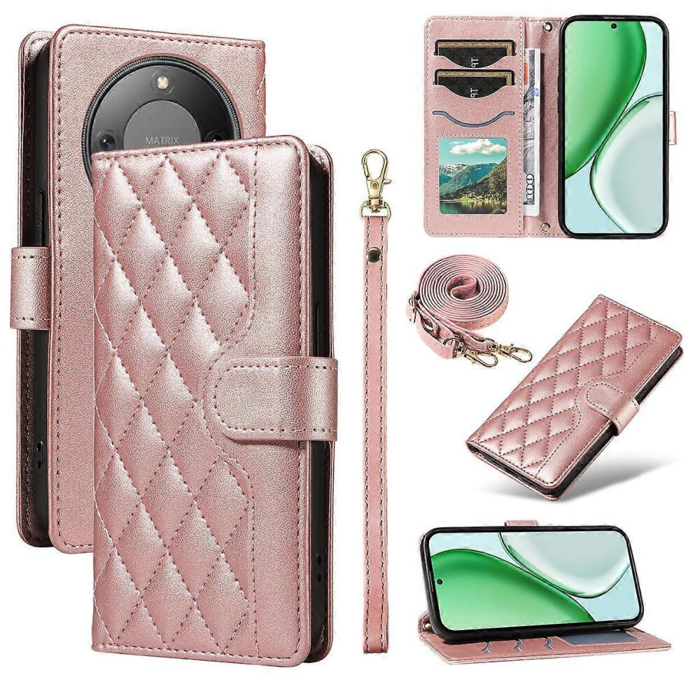 (Rose ) Honor Magic8 Lite 5G Rhombus Leather Wallet Case With Strap Gold 5996097202555