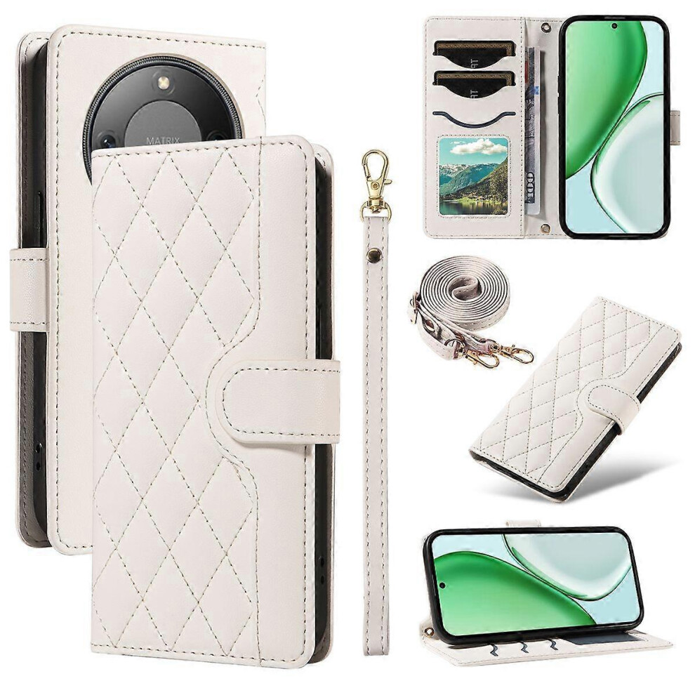 (White) Honor Magic8 Lite 5G Rhombus Leather Wallet Case With Strap White 5996097202562