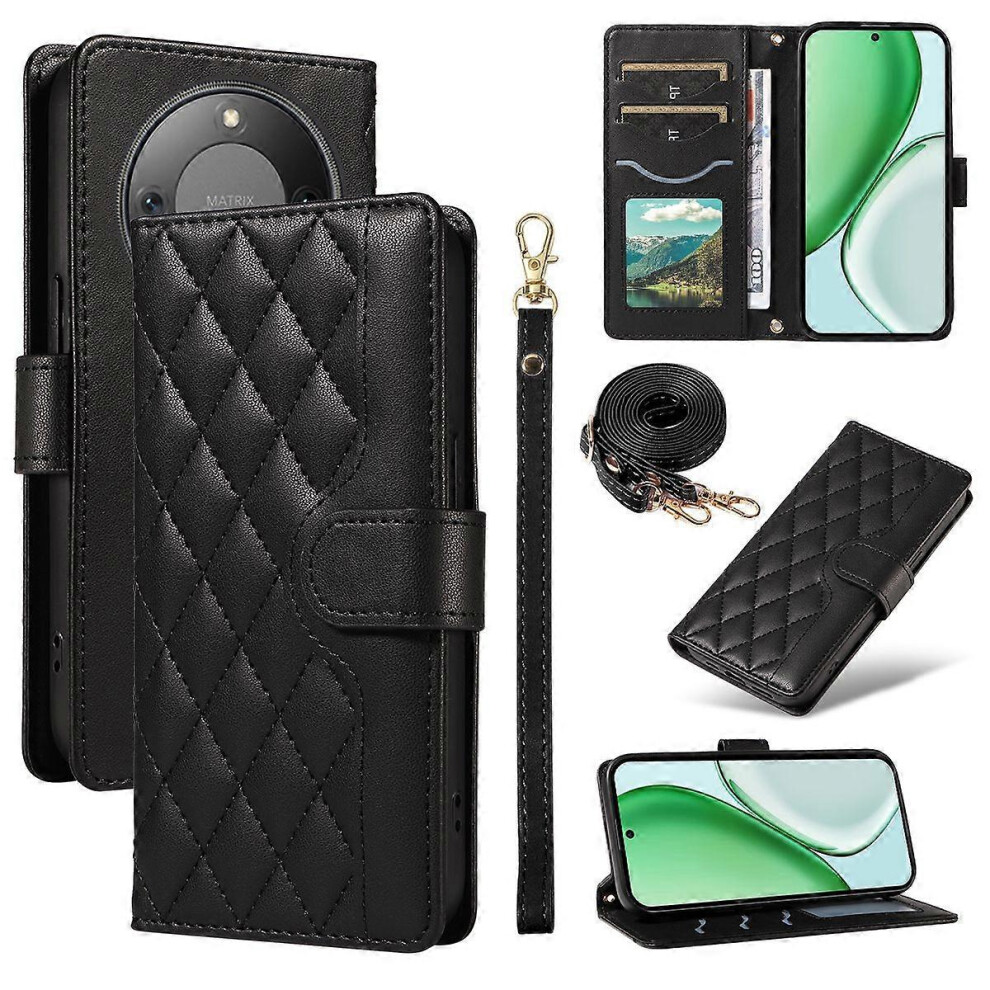 (Black) Honor Magic8 Lite 5G Rhombus Leather Wallet Case With Strap Black 5996097202500