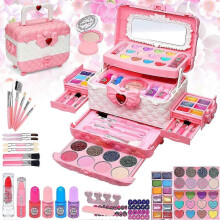 (57PCS mekup set-pink) 57PCS Kids Makeup Kit for Girls, Non-Toxic Washable Princess Toys Age 4-12