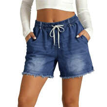 Jean Shorts Womens Drawstring Stretchy Casual Loose-seablue XL