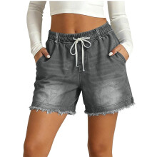 Jean Shorts Womens Drawstring Stretchy Casual Loose-Gray L