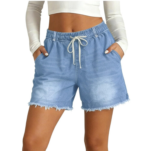Jean Shorts Womens Drawstring Stretchy Casual-light blue M