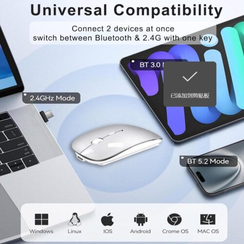 Ασύρματο ποντίκι 3 σε 1 με δέκτη USB-C & USB-A, αθόρυβο ποντίκι Bluetooth για MacBook Pro, iMac & 2