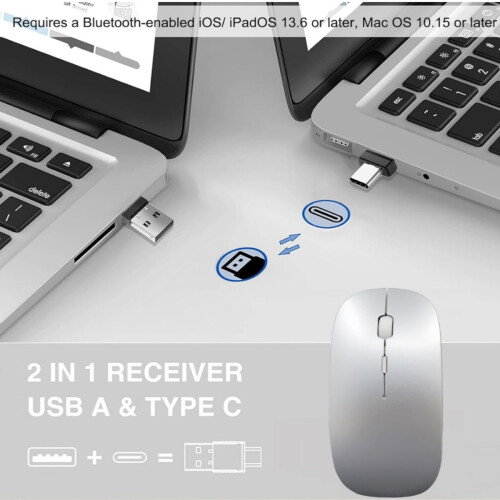Ασύρματο ποντίκι 3 σε 1 με δέκτη USB-C & USB-A, αθόρυβο ποντίκι Bluetooth για MacBook Pro, iMac & 1