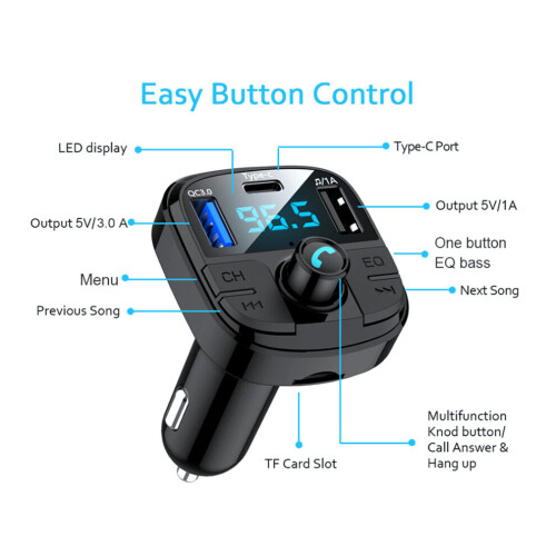 Universele Bluetooth 5.0 auto FM-transmitter handsfree carkit Type-C 2