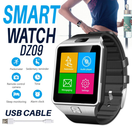 Bluetooth DZ09 smartwatch met Android & iOS, camera en simkaartsleuf.