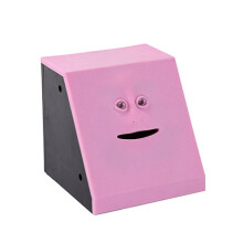 (Platte roze) Spaarpot met gezichtje dat geld kan opeten en waarvan de mond kan bewegen, ideaal voor