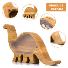 Houten spaarpot in de vorm van een dinosaurus, een creatieve en grappige spaarbox voor munten.
