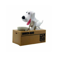 (Wit) Puppy huisdier hond die munten steelt en opeet spaarpot spaargeld kindercadeau