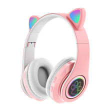 (Roze) Draadloze koptelefoon met kattenoortjes, Bluetooth-headset, LED-verlichting, oordopjes, cadeau