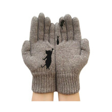 Gants d'hiver chauds tricotés pour femmes (kaki), à doigts longs, avec un joli motif chat.