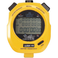 Ultrak 495-100 Dual Split Memory Stopwatch - Geel, Groot 3-regelig display, geheugenfunctie, waterbestendig.