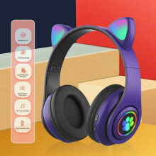 (Paarse) Draadloze koptelefoon met kattenoortjes, Bluetooth-headset, LED-verlichting, oordopjes, cadeau