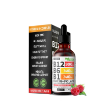 B12-vitamiini, vadelma, nestemäinen lisäravinnetipat, joissa on B6-, B1-, niasiini- ja folaattivitamiineja