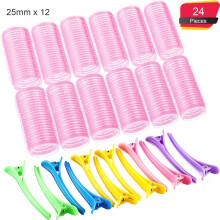 25 mm Self Grip Hair Rollers Set 12 Count Small Size Self Holding Rollers and 12 Multicolor Plastic Duck Teeth Bows Hair Clips Hairdressing Curlers
