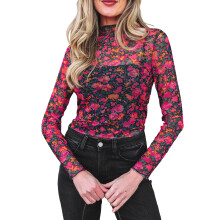 Long Sleeve Mesh Shirt for Women Floral Print Top Mock-Red L