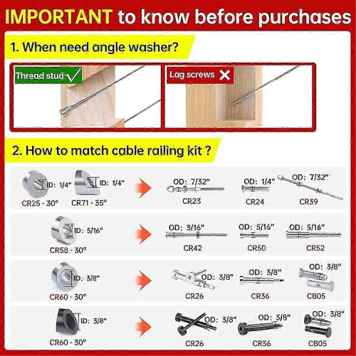 40 Pack 3/8In Stainless Steel Cable Railing Kit with 25/30/35 Degree Angle Washers 2