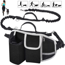 Guinzaglio per cani a mani libere con assorbimento degli urti e cuciture riflettenti, ideale per correre, fare jogging e camminare - Nero