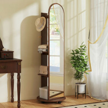 (Brown) HOMCOM 2-in-1 Full Length Mirror with Shelves, 4 Wheels